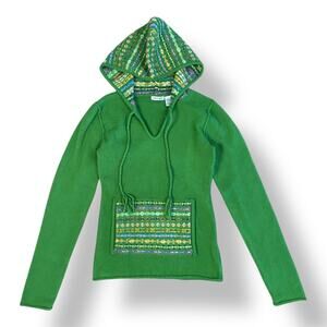Energie Vintage Boho Hooded Sweater Juniors Size L Green Multicolor‎ Hippie